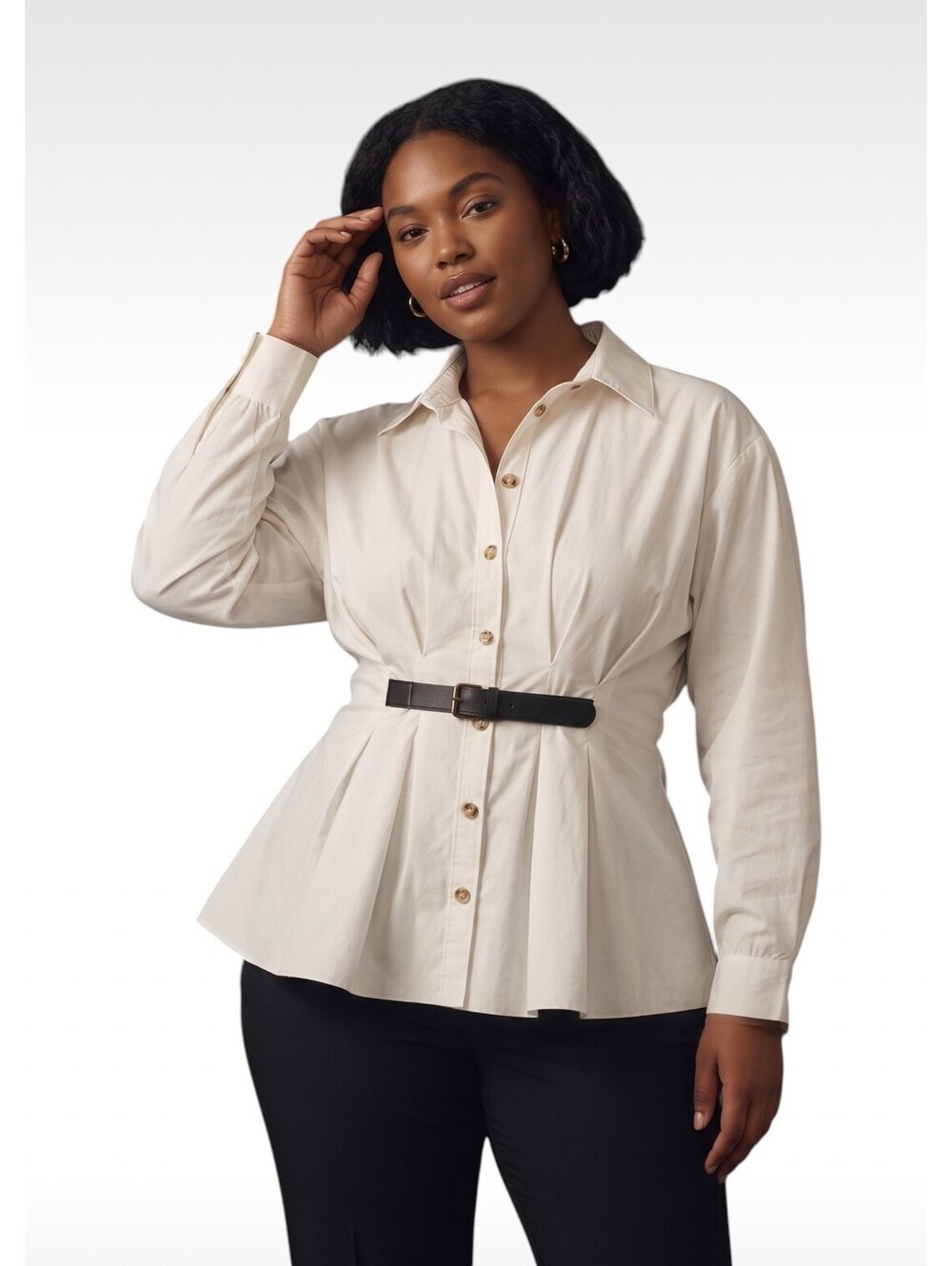 Anthropologie White Belted Cotton Pleated Buttondown Shirt Sz 14 EUC